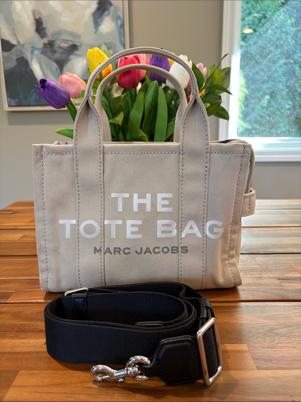 Authentic Marc Jacobs Small Beige The Tote Bag with Strap